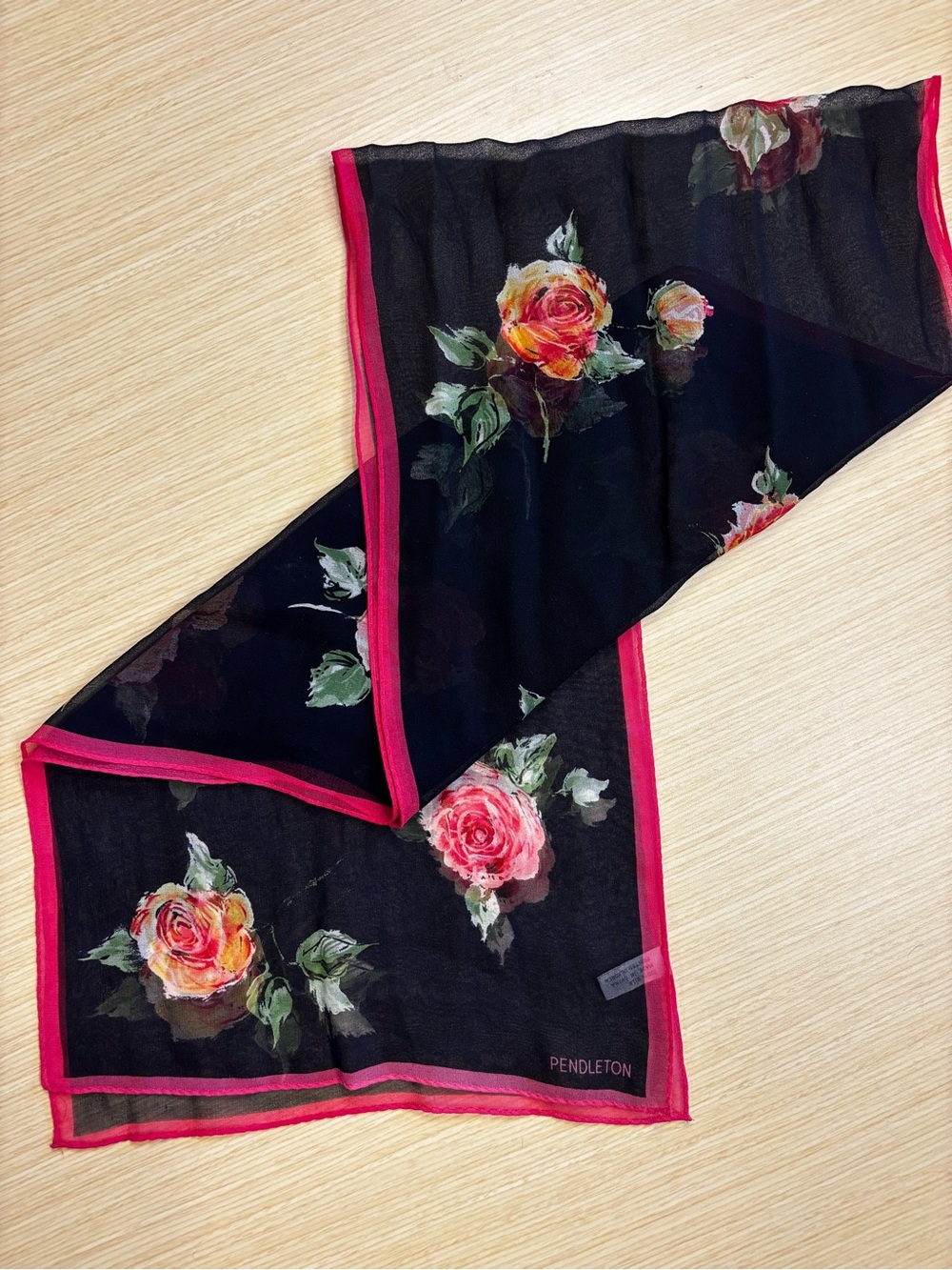 Pendleton 100% Silk Sheer Chiffon Rose Scarf Hot Pink Border VTG